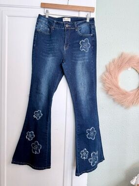 BAMBOO Dark Blue Floral Embroidered Flare Jeans